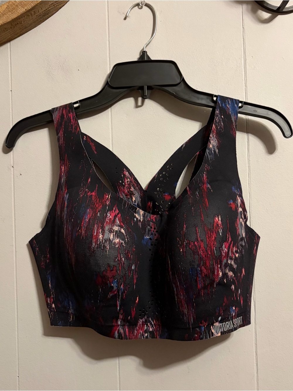Victoria Sport Black Sports Bra with Red and Blue Abstract Print